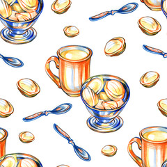 White cup of cappuccino with cookies. Sweets on white background. Seamless pattern illustration.