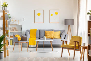 Armchairs and table in grey and yellow living room interior with posters above sofa. Real photo