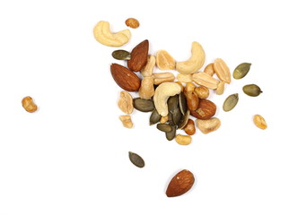 Healthy food mix of peanuts, seeds,  almonds, roasted soybeans and cashews isolated on white background, top view