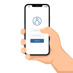 Brutal human hand holding smartphone with sign in application ui flat style illustration