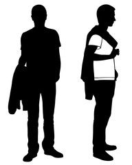 Silhouettes of men with jacket on shoulder and in hand isolated on white