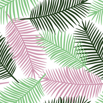 light green gark green and pink palm leaves on a white background exotic tropical hawaii pastel summer seamless pattern vector