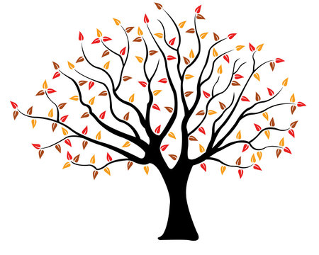 Illustration of a tree with brown, yellow and red leaves isolated on white