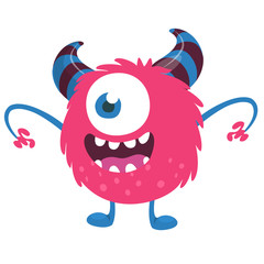 Scary cartoon one eyed monster. Vector Halloween pink monster illustration