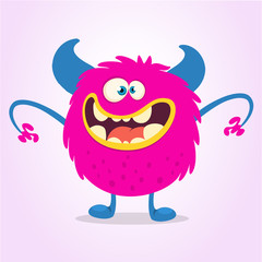 Happy cartoon monster troll. Vector Halloween pink monster character illustration