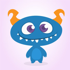 Happy cool cartoon fat monster with big head. Blue and horned vector monster character
