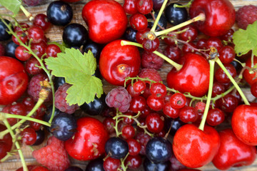 Fresh organic summer berries background. Cherry, currant, raspberry