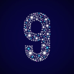 Number nine. Vector illustration. The age of 9 years. Shining star
