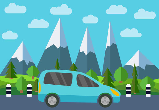 Blue car on the road against the backdrop of the forest and mountains. Vector illustration.
