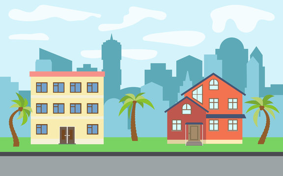 Vector city with two-story and three-story cartoon houses and palm trees in the sunny day. Summer urban landscape. Street view with cityscape on a background

