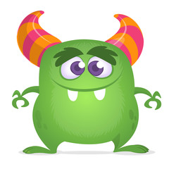 Funny cartoon monster. Vector green horned monster illustration. Halloween design