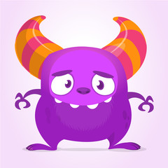 Funny cartoon monster with big smile waving hands. Vector purple monster illustration. Halloween design