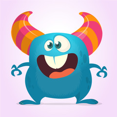 Funny cartoon monster with big teeth. Vector blue monster illustration with hands up. Halloween design