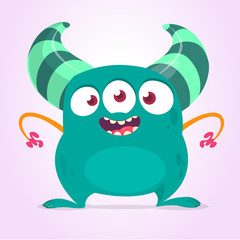 Cute cartoon monster. Vector fat monster mascot character. Halloween design for party decoration, print or children book