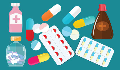 A set of medications - vials, capsules, tablets - art vector
