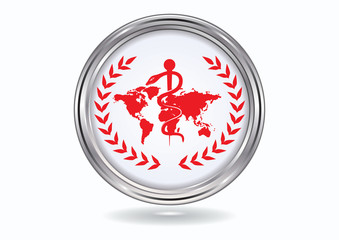 Health service - Icon, round, silver metal, isolated on white background - World map, Staff and snake - Flat style - vector