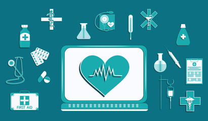 Set of medical symbols and drugs - a thermometer, syringe, blood pressure cuff, bulb, medicine, computer and heart diagram - flat style - vector