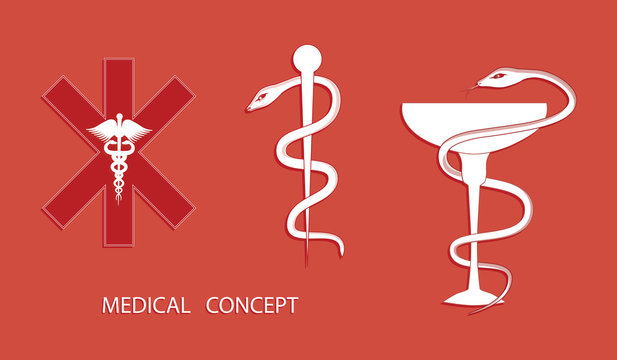 Set of medical symbols - Cross and Caduceus, Bowl and Snake, Staff and Snake - Flat style - art vector