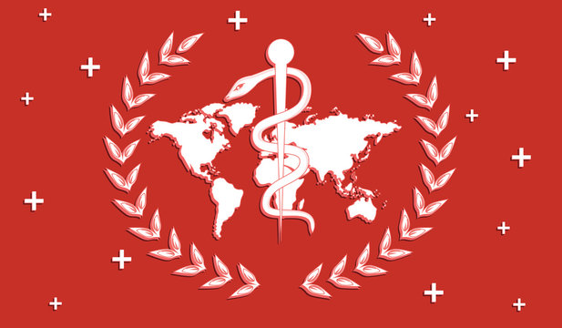 Healthcare - symbol - laurel wreath, world map, Staff and snake - flat style - vector