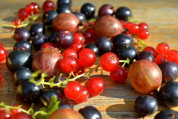 Red and black currant on the wooden background. Summer berry