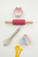 close up of baking utensils tools and cooking concept for background