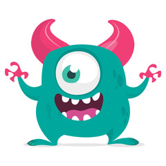 Funny cartoon monster with one eye. Vector blue one-eyed monster illustration. Halloween design