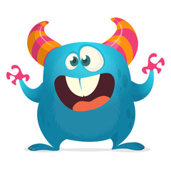 Vector blue monster illustration with hands up. Halloween design