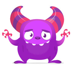 Funny cartoon monster with big smile waving hands. Vector purple monster illustration. Halloween design