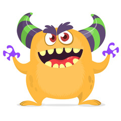 Cute cartoon monster. Vector illustration of troll or gremlin. Funny cartoon monster with big smile waving hands. Vector purple monster illustration. Halloween design