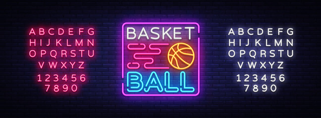 Naklejka premium Basketball Night Neon Logo Vector. Basketball neon sign, design template, modern trend design, sports neon signboard, night bright advertising, light banner, light art. Vector. Editing text neon sign