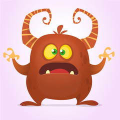 Agry scared cartoon monster with horns. Vector brown monster illustration. Halloween design isolated