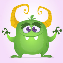 Cool cartoon monster. Vector green monster troll illustration. Halloween design. Design for decoration, print or sticker
