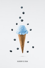 Blueberry ice cream flavor in cones with fresh blueberry setup on white background . Summer and Sweet menu concept.