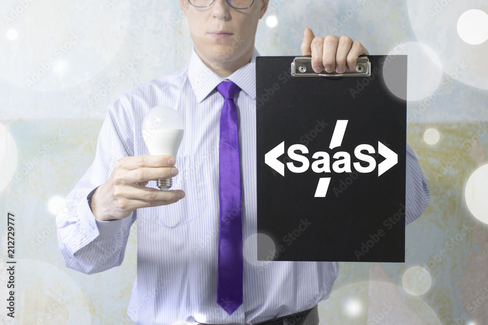 Poster businessmen offers a clipboard with saas code icon and led lamp. software as a service api coding bu