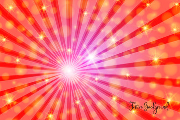 Shiny, festive bright background with random, chaotic, scattered bokeh lights, rays in red colors.