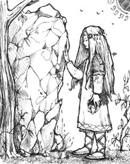 Slavic girl in traditional clothes. The girl is near the stone. Fast pen sketch style.