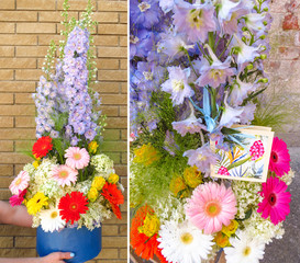 Beautiful collage of a stylish summer floral bouquet. Work in a flower shop
