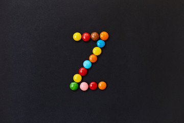 English Alphabet made of colored candies. The letter Z.