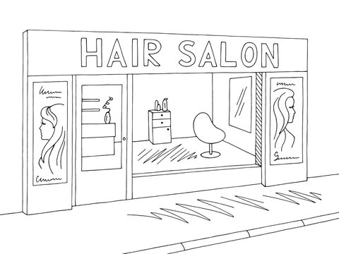Hair salon exterior graphic black white sketch illustration vector