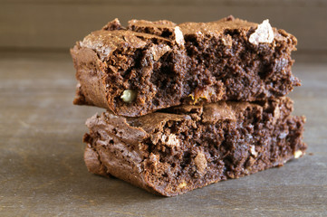 Brownie. Dark chocolate cakes, Baked from the oven, cut.