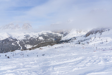 Fototapeta na wymiar Ski resort in Dolomites Mountains, Italy