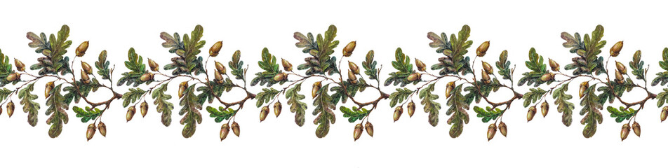 Seamless watercolor oak branch border