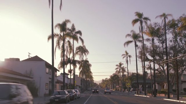 Sunny street with palm trees in Santa Barbara - dynamic shot from moving car