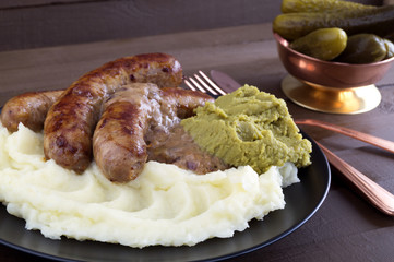 English sausages with mashed potatoes and gravy.
