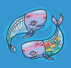 Floral anatomy whales in cartoon style. Vector illustration