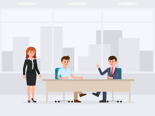 Two business man sitting at the office table cartoon character. Vector illustration of meeting, negotiation