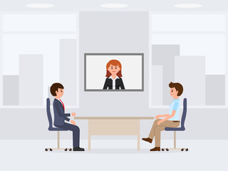Fototapeta premium Two office workers sitting at the table cartoon character. Vector illustration of online conference