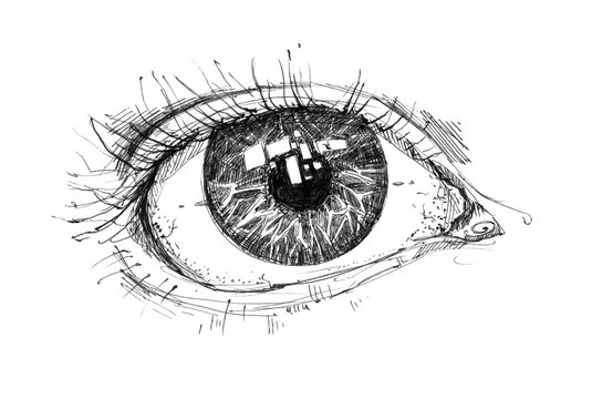 Beautiful hand drawn opened eye. Graphic ink Illustration with a human eye. Detail closeup image. It can be used for printing on t-shirts, cards, or used as ideas for tattoos.