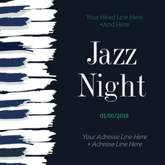 jazz night dark blue and white poster design with brush stroke style piano keys 