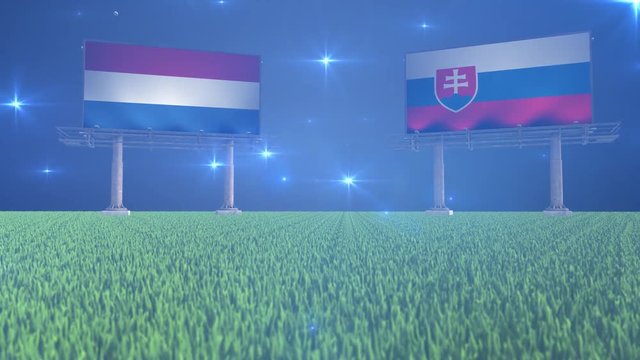 3d animated soccer ball bouncing in front of billboards with the flags of Netherlands and Slovakia with flickering lights in the background in 4K resolution